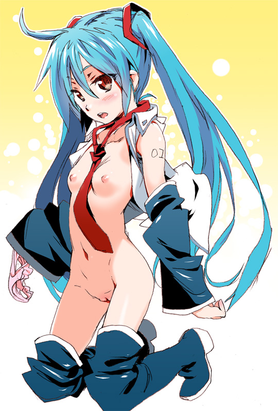 aqua_hair boots bottomless breasts china_(ekimore) detached_sleeves hatsune_miku holding holding_panties kneeling long_hair navel necktie nipples open_clothes open_mouth open_shirt panties pussy shirt small_breasts solo thigh_boots thighhighs twintails underwear vocaloid