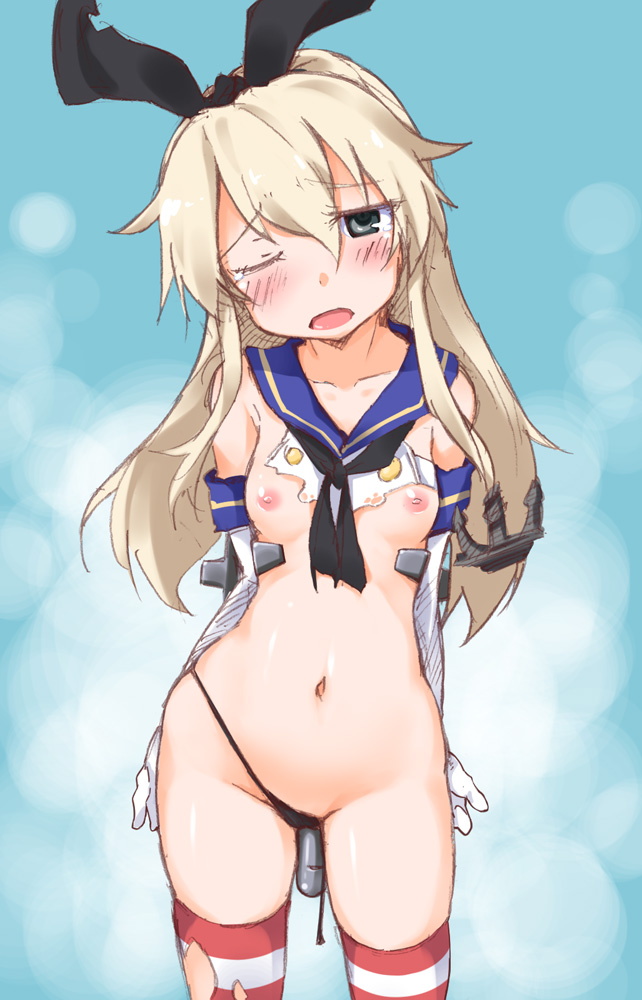 anchor anchor_hair_ornament arms_behind_back black_eyes black_panties blonde_hair blush breasts elbow_gloves gloves hair_between_eyes hair_ornament kantai_collection kuronyan long_hair navel nipples object_insertion open_mouth panties petite school_uniform shimakaze_(kantai_collection) small_breasts solo standing striped striped_legwear tears thighhighs torn_clothes underwear