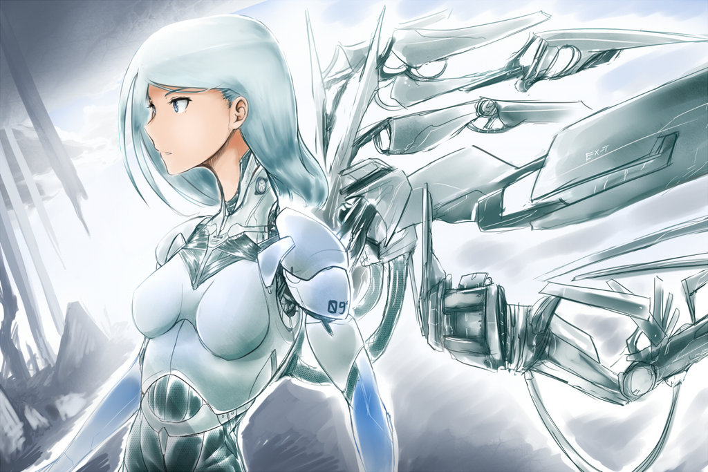 android blue_eyes ex-trident long_hair mecha_musume mechanical_wings original silver_hair solo thrusters wings