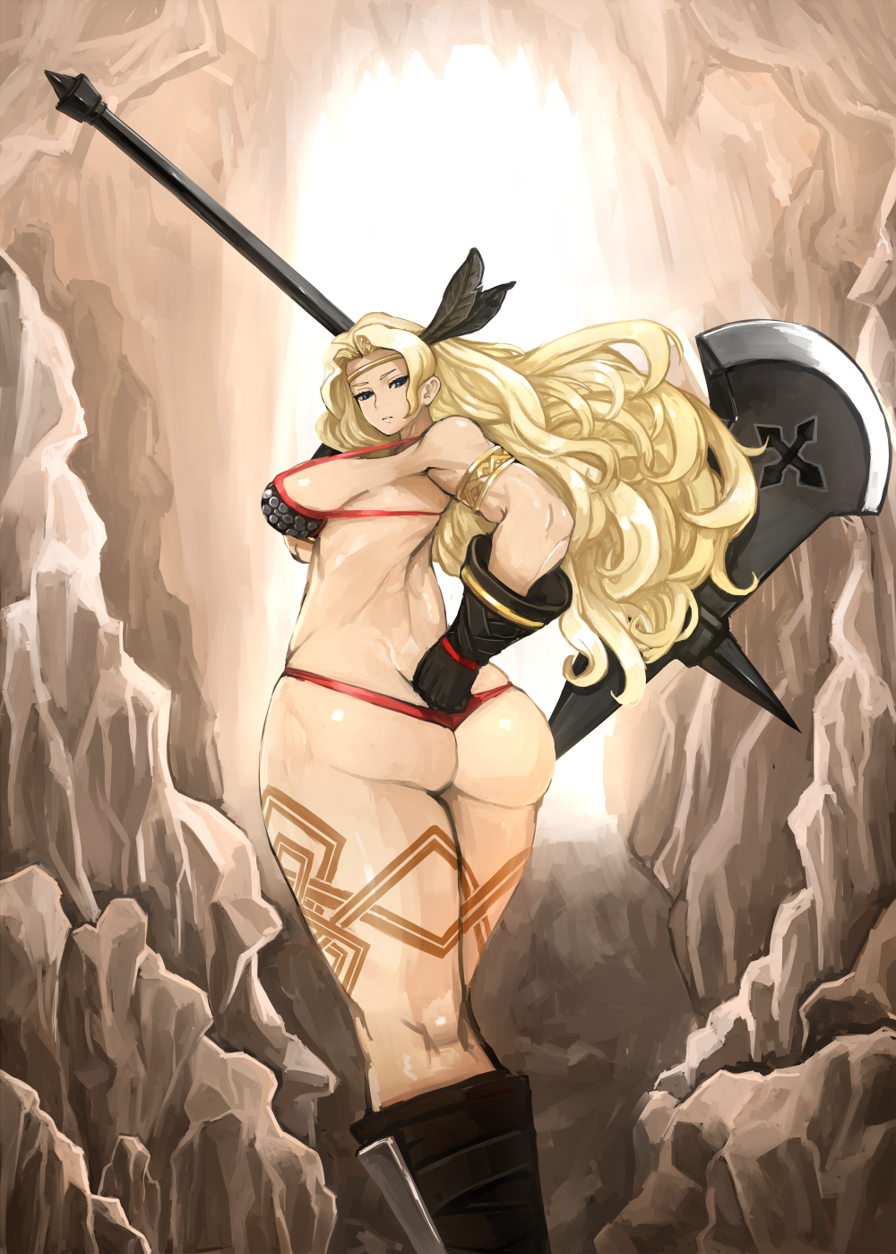 amazon_(dragon's_crown) armlet armor ass back bikini bikini_armor blonde_hair boots breasts circlet curvy dragon's_crown feathers gloves halberd highres huge_breasts legs long_hair looking_back madarame muscle polearm swimsuit tattoo thick_thighs thighs thong_bikini weapon wide_hips