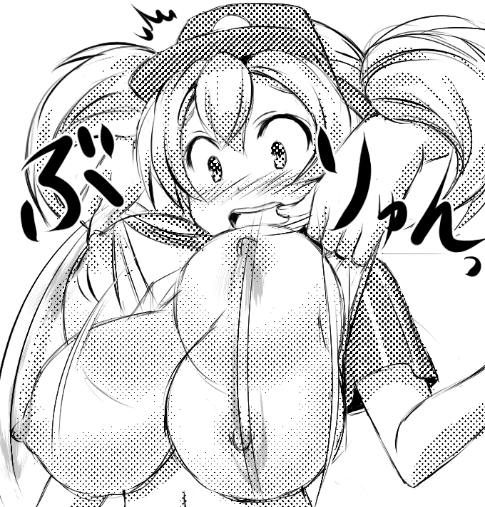akaza assisted_exposure bouncing_breasts breasts greyscale hataraku_maou-sama! large_breasts monochrome nipples open_mouth sasaki_chiho short_twintails translated twintails visor_cap