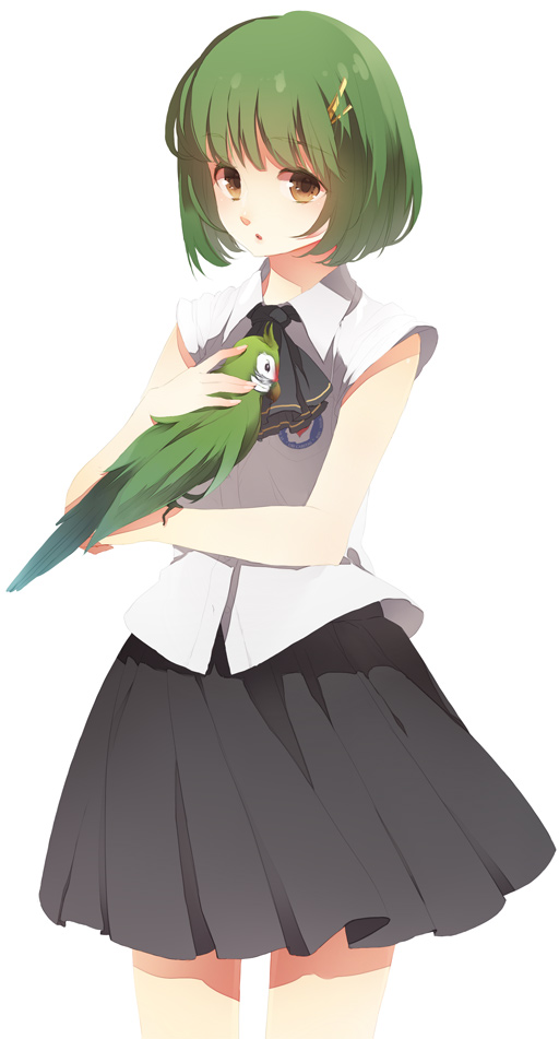 april_fools bird brown_eyes green_hair macaw missing_stars parrot renee_baum simple_background skirt solo white_background yune_(artist)