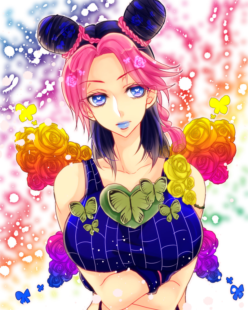 bad_id bad_pixiv_id blue_eyes blue_hair blue_lipstick braid breast_hold breasts bug butterfly crossed_arms double_bun flower insect jojo_no_kimyou_na_bouken kuujou_jolyne large_breasts lipstick makeup multicolored_hair pink_hair rose solo stone_ocean symbol-shaped_pupils terimayo_(sonnne_farbe) two-tone_hair