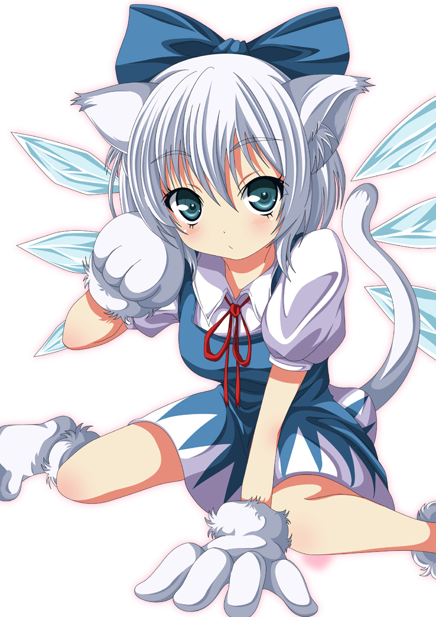 animal_ears blue_eyes blue_skirt bow cat_ears cat_tail cirno gloves hair_bow highres ice ice_wings kemonomimi_mode looking_at_viewer ma-yu paw_gloves paw_pose paw_shoes paws puffy_sleeves shirt shoes short_sleeves silver_hair simple_background sitting skirt solo tail touhou wariza white_background wings