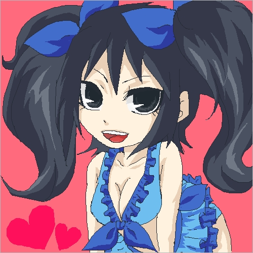 1girl black_hair breasts genderswap heart hearts lowres naruto ribbon swimsuit twintails uchiha_sasuke