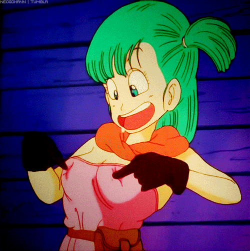 1girl animated animated_gif blue_eyes bouncing_breasts breast_poke breasts bulma covered_nipples dragon_ball dragonball_z erect_nipples gloves green_hair happy long_hair looking_down oolong open_mouth poking saliva scarf side_ponytail smile solo transformation