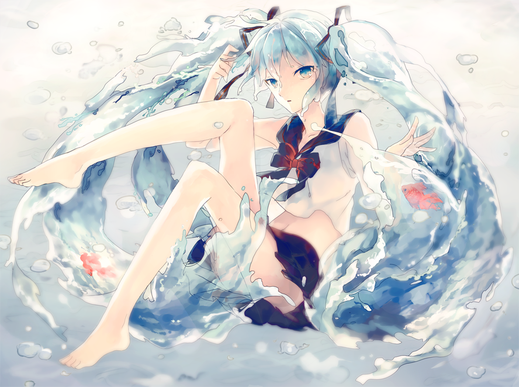 animal barefoot bottle_miku fish hatsune_miku seifuku vocaloid water zeko