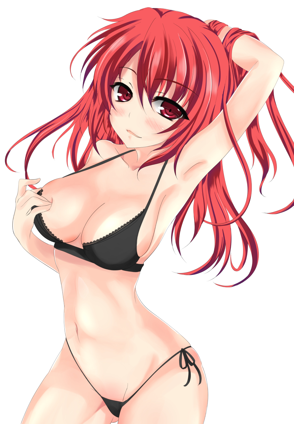 bikini breasts cleavage highres large_breasts long_hair original red_eyes red_hair senra_banshou simple_background solo swimsuit white_background