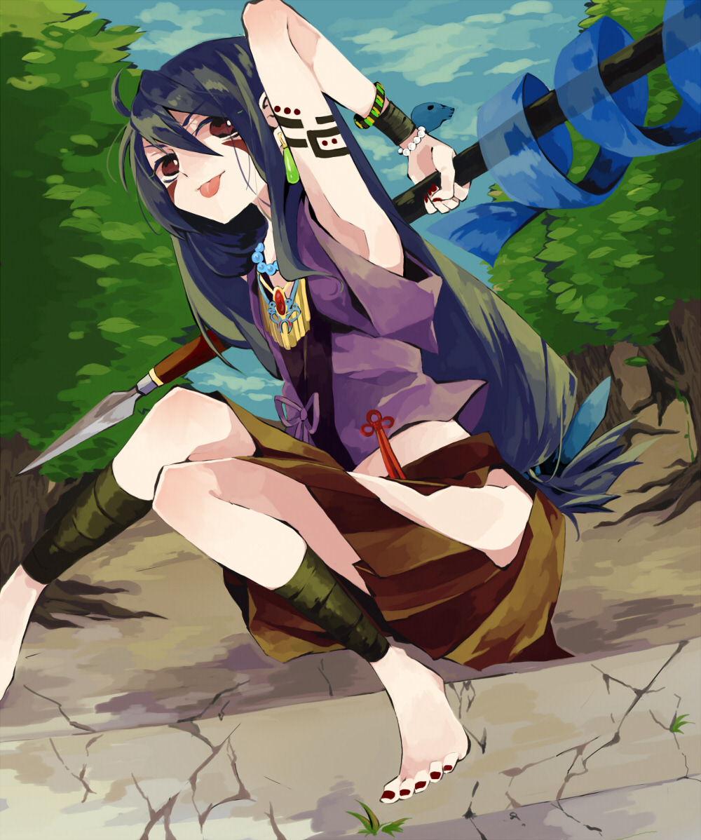 :p ankle_wrap barefoot blue_hair bracelet brown_eyes earrings feet hakama japanese_clothes jewelry long_hair original polearm sitting smile solo spear tattoo toenail_polish tongue tongue_out tribal weapon wrist_wrap