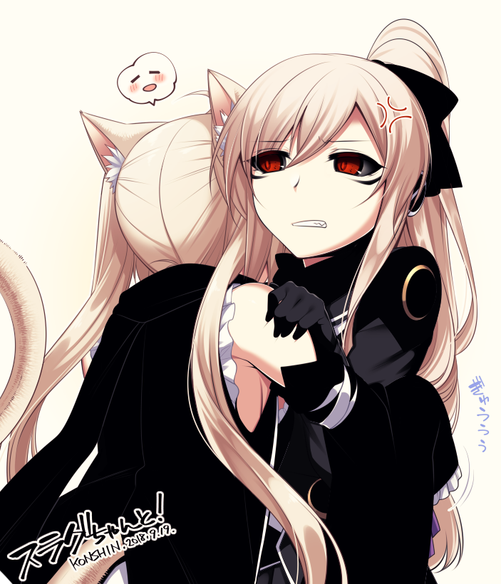 2girls =_= ahoge anger_vein animal_ears bare_shoulders black_bow black_gloves black_scarf black_sclera blonde_hair blush bow cat_ears cat_tail commentary_request dated eyebrows_visible_through_hair gloves hair_bow headphones hug konshin long_sleeves multiple_girls original pink_background ponytail red_eyes scarf signature simple_background smile tail twintails