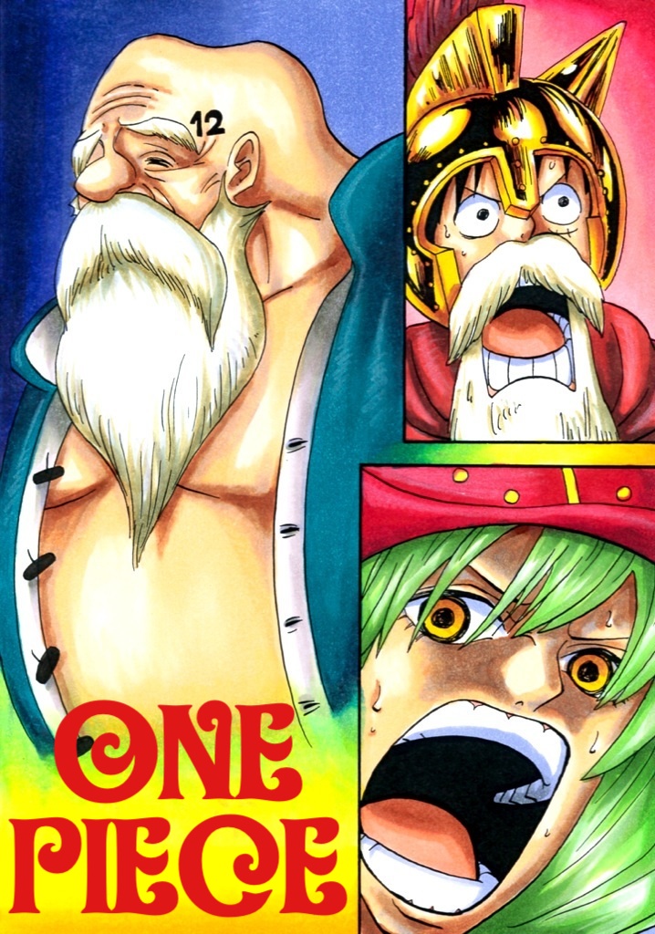 3boys beard cavendish chinjao copyright_name dressrosa facial_hair facial_mark fake_mustache hat helmet long_hair male male_focus marker_(medium) monkey_d_luffy multiple_boys mustache one_piece takatin tattoo traditional_media