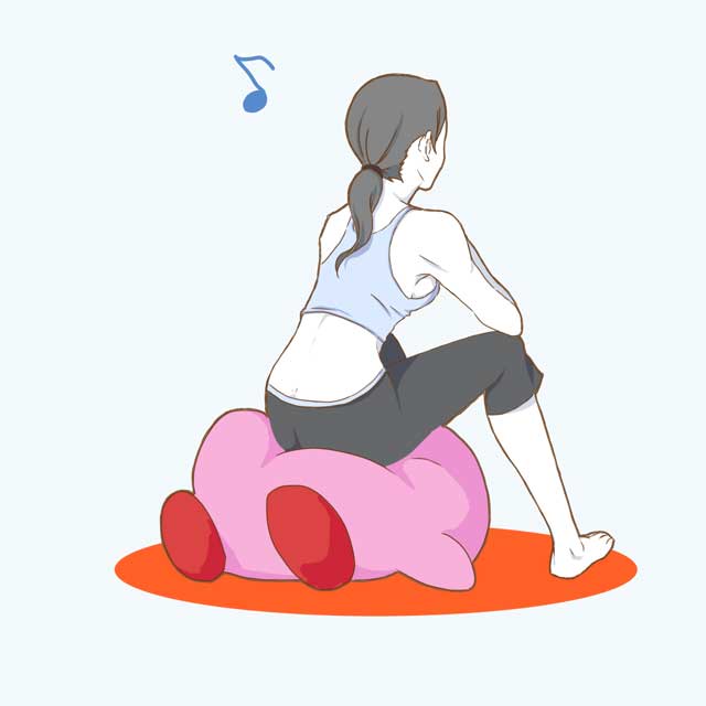 bad_id bad_pixiv_id barefoot capri_pants from_behind grey_hair kirby kirby_(series) long_hair midriff musical_note nintendo pants ponytail simple_background sitting sitting_on_face sitting_on_person super_smash_bros. tank_top white_skin wii_fit wii_fit_trainer