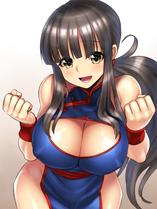 :d bare_shoulders black_hair blush breasts brown_eyes chi-chi_(dragon_ball) chinese_clothes cleavage cleavage_cutout clenched_hands covered_nipples dragon_ball large_breasts long_hair looking_at_viewer open_mouth smile solo wristband yapo_(croquis_side)