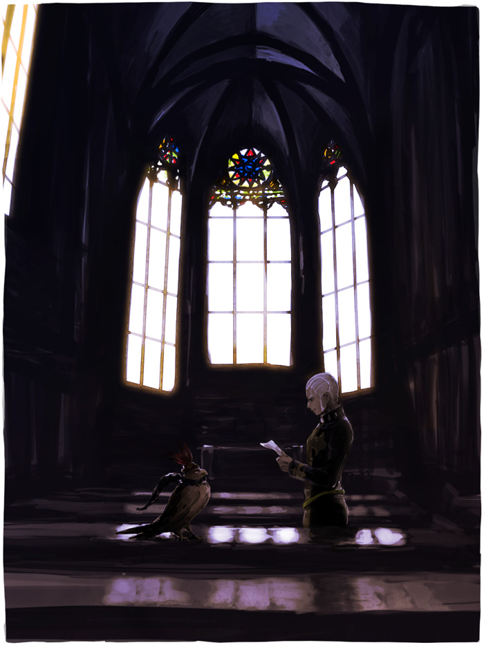 bird church dark_skin dark_skinned_male enrico_pucci falcon hat indoors jojo_no_kimyou_na_bouken pet_shop q-c-p stained_glass vaulted_ceiling white_hair