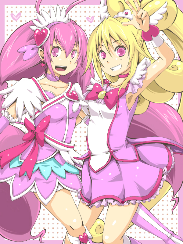 :d aida_mana antenna_hair asymmetrical_clothes bike_shorts blonde_hair boots bow bowtie brooch choker color_connection cosplay costume_switch cure_happy cure_happy_(cosplay) cure_heart cure_heart_(cosplay) dokidoki!_precure earrings hair_flip hair_ornament half_updo head_wings heart hoshizora_miyuki jewelry kasetsu long_hair magical_girl multiple_girls open_mouth pink pink_bow pink_choker pink_eyes pink_hair pink_neckwear pink_skirt precure ribbon shorts shorts_under_skirt skirt smile smile_precure! tiara twintails wrist_cuffs