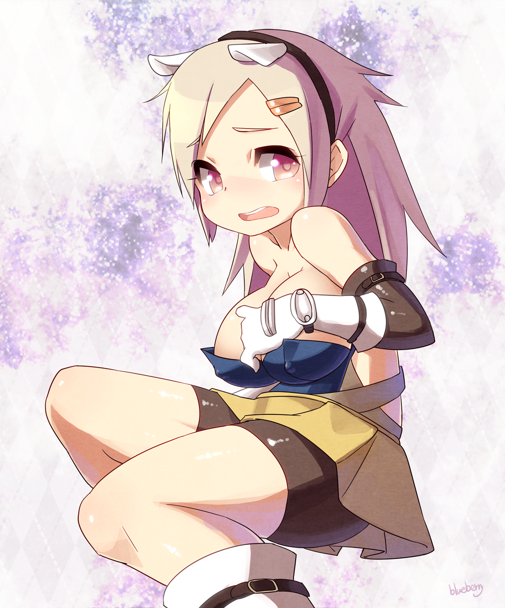 artist_name bare_shoulders blueberry_(5959) breasts covered_nipples gloves hair_ornament hairband hairclip highres large_breasts long_hair looking_at_viewer open_mouth original purple_eyes shorts skirt solo