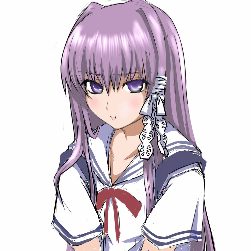 clannad fujibayashi_kyou hikarizaka_private_high_school_uniform long_hair pout purple_eyes purple_hair ryuusama school_uniform