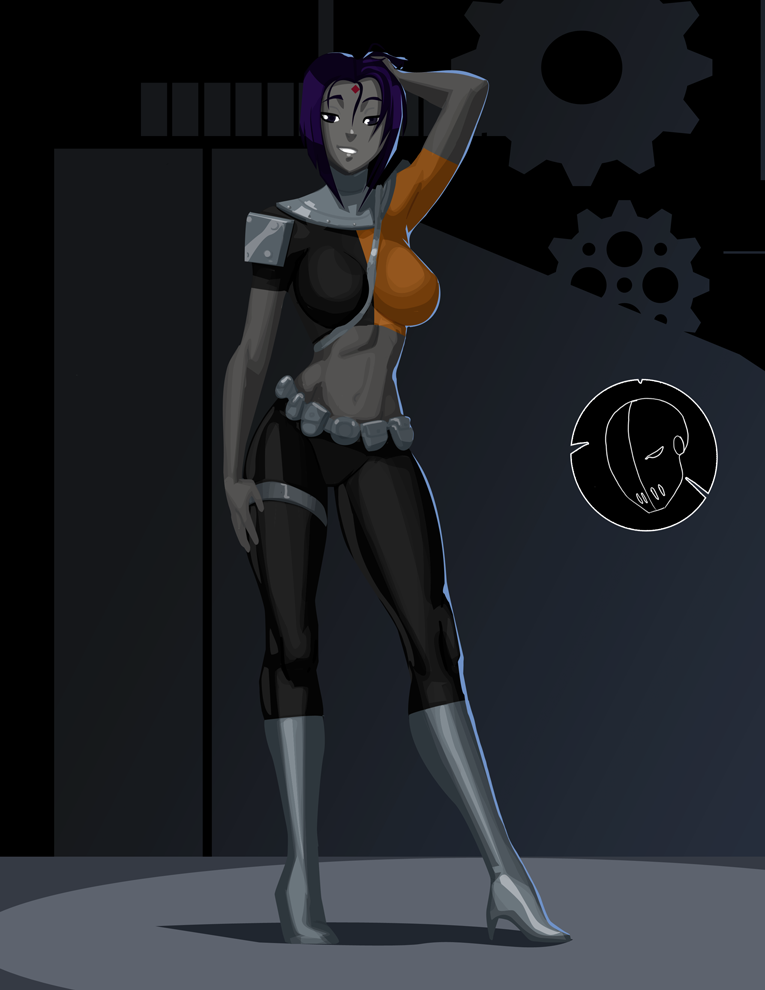 alternate_costume belt_pouch bodysuit boots breasts dc_comics forehead_jewel grey_skin hand_in_hair high_heels knee_boots large_breasts midriff morganagod navel pouch purple_hair raven_(dc) shoes short_hair shoulder_pads slade_(teen_titans) solo teen_titans