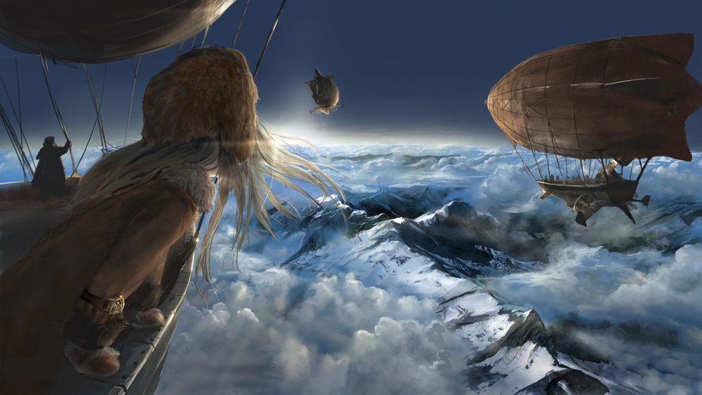 above_clouds aircraft airship blonde_hair cloud cloudy_sky coat flying fur_hat gloves hat horizon landscape long_hair mountain original scenery sky snow sunrise winter_clothes you_shimizu