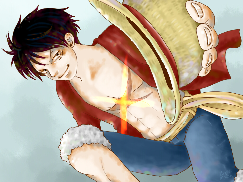 1boy black_hair hat hat_removed headwear_removed looking_at_viewer male male_focus monkey_d_luffy noenga one_piece open_clothes open_shirt red_shirt scar shirt solo straw_hat x_(symbol)