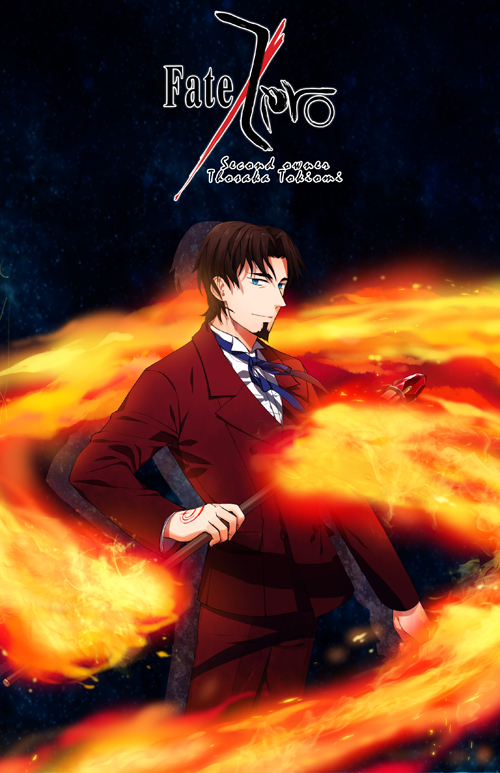 blue_eyes brown_hair command_spell copyright_name facial_hair fate/zero fate_(series) fire formal gem goatee logo male_focus solo staff suit toosaka_tokiomi yaho_(yaho0211)