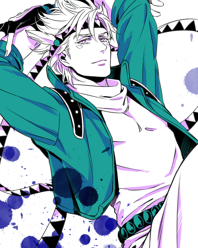 a_s_h_e_s arms_behind_head bad_id bad_pixiv_id caesar_anthonio_zeppeli facial_mark feathers fingerless_gloves gloves green_jacket hair_feathers headband jacket jojo_no_kimyou_na_bouken male_focus partially_colored scarf solo