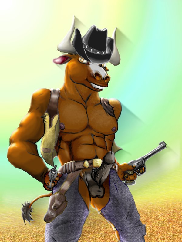 anthro balls biceps black_balls black_penis bovine brown_eyes brown_fur cattle clothing cowboy erection felixspeagel fur grin gun hat horn male mammal muscles nipples pants partially_clothed pecs penis pinup pose presenting ranged_weapon revolver sheath smile solo standing tail_tuft teeth topless tuft vein weapon yellow_eyes