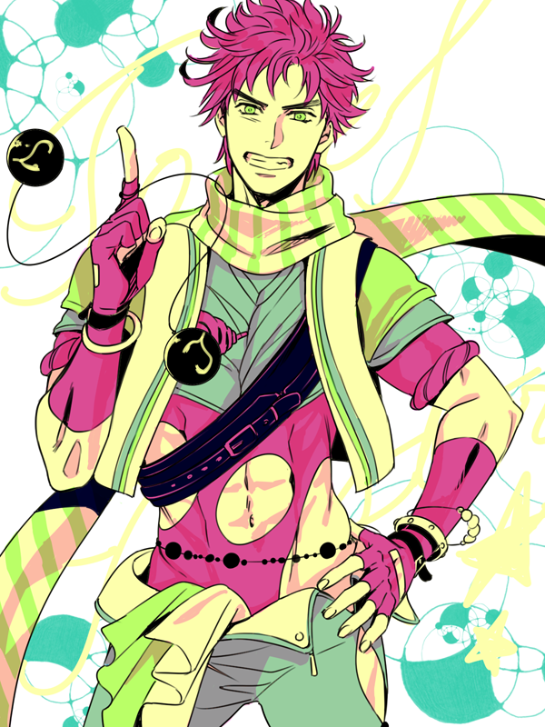 a_s_h_e_s abs bad_id bad_pixiv_id bola_(weapon) fingerless_gloves gloves green_eyes grin groin hand_on_hip jacket jojo_no_kimyou_na_bouken joseph_joestar_(young) male_focus midriff navel partially_colored pointing red_hair scarf skin_tight sleeves_rolled_up smile solo striped striped_scarf toned toned_male vest