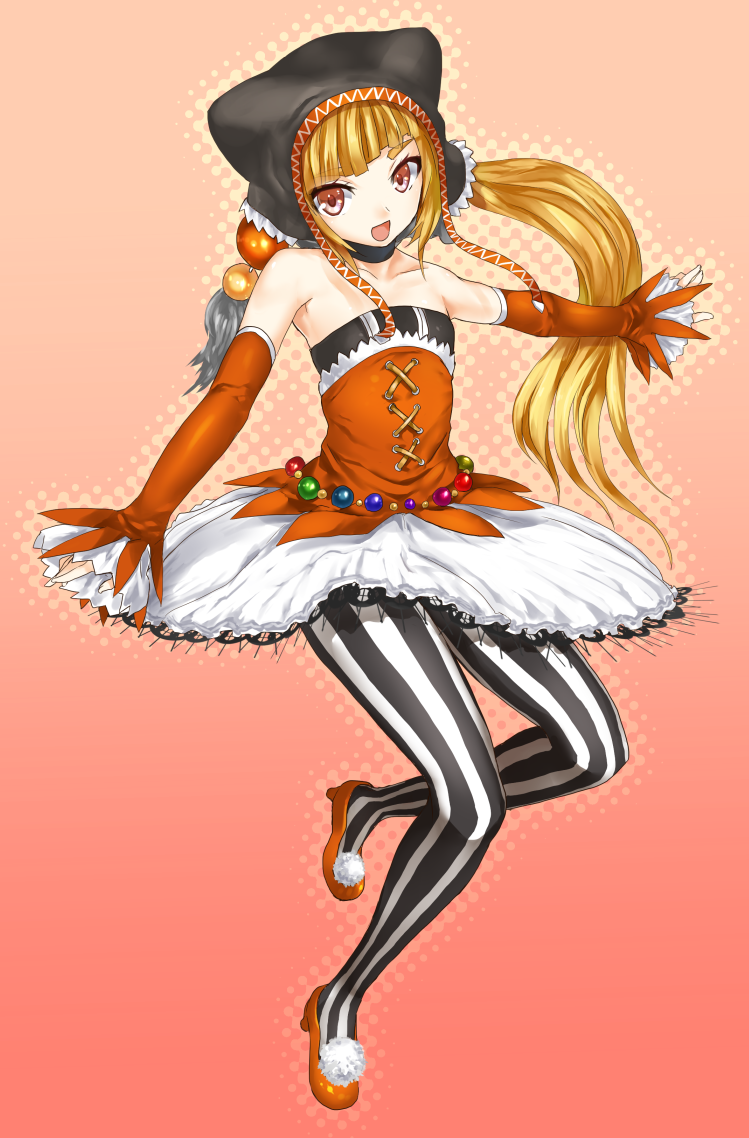 akita_neru bare_shoulders blonde_hair cat_food_(vocaloid) detached_sleeves eyeball hat long_hair open_mouth pantyhose project_diva_(series) red_eyes side_ponytail skirt sleeves_past_wrists solo striped striped_legwear tadano_magu vertical-striped_legwear vertical_stripes vocaloid
