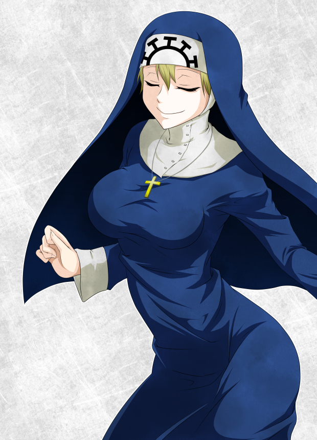 blonde_hair breasts closed_eyes cross cross_necklace double_(skullgirls) habit jewelry kunomata_gou large_breasts necklace nun short_hair skullgirls smile solo taut_clothes