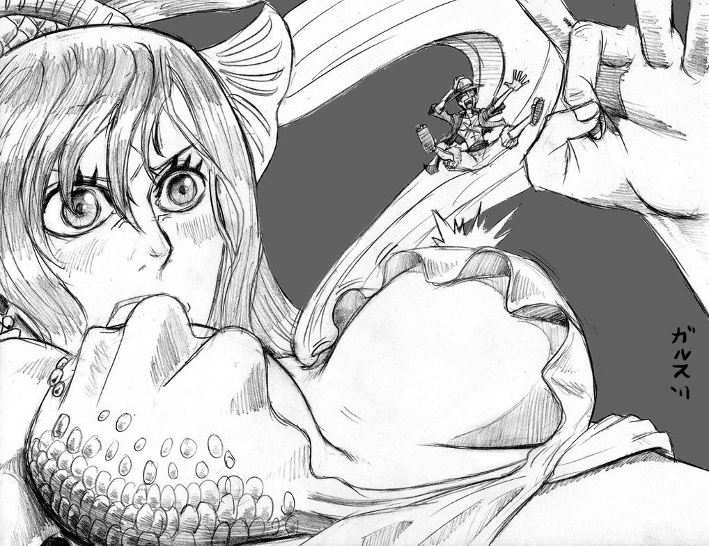 1boy 1girl 2011 angry bikini bikini_top blush bouncing_breasts breasts cleavage earrings flick frilled_bikini frills garththedestroyer giantess graphite_(medium) hairband hat jewelry jumping large_breasts long_hair lying mermaid monkey_d_luffy monochrome monster_girl one_piece open_clothes open_shirt parody princess sandals scar shirahoshi shirt signature simple_background size_difference sketch standing_on_person straw_hat swimsuit traditional_media