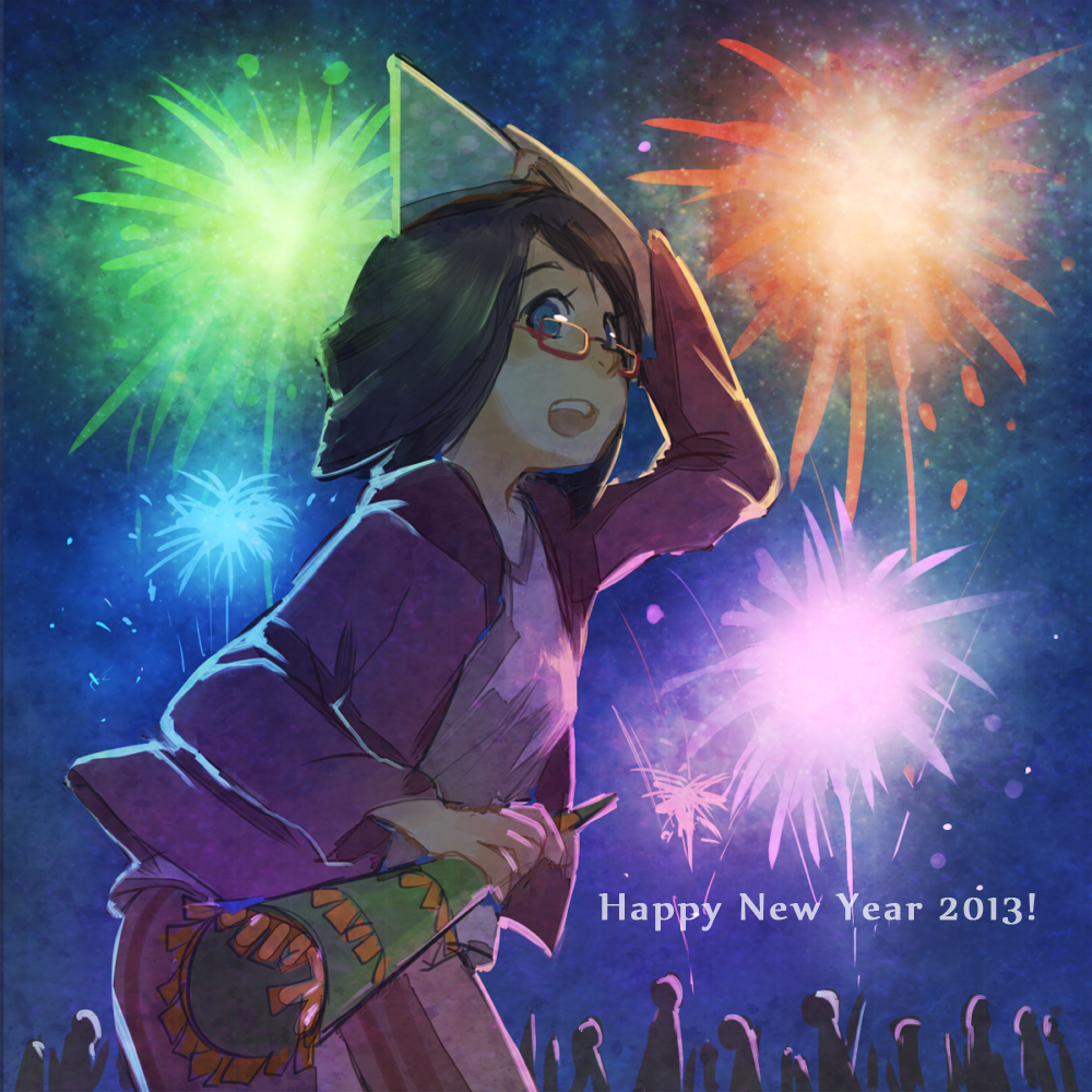 blue_eyes brown_hair cocander fireworks glasses happy_new_year hat jacket jeanne_lefevre missing_stars new_year night open_mouth pants party_hat red-framed_eyewear solo standing