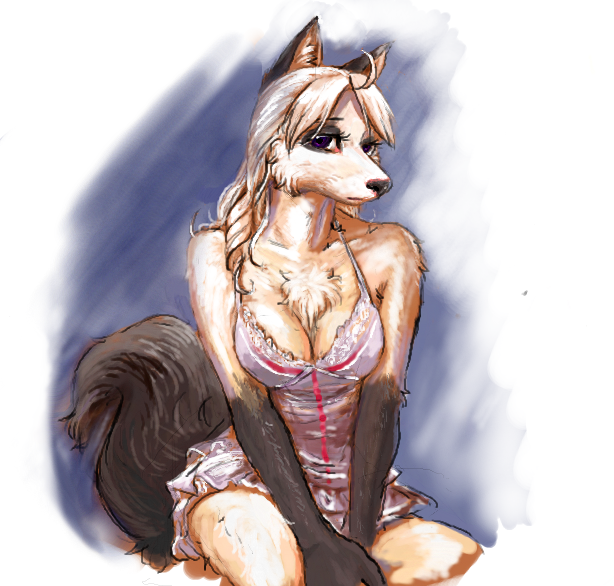 breasts bwd canine chest_tuft clothing female fox fur looking_at_viewer mammal shirt skirt solo tank_top tuft
