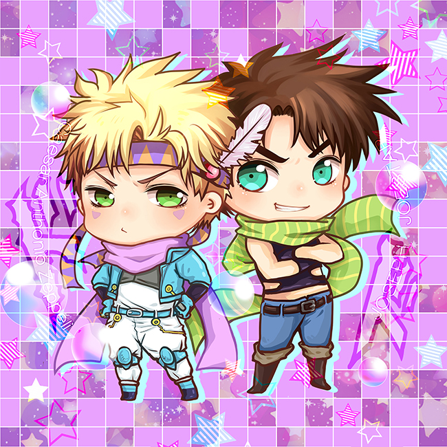 aqua_eyes blonde_hair blue_eyes blue_jacket brown_hair caesar_anthonio_zeppeli chibi doraka feathers green_eyes hair_feathers headband jacket jojo_no_kimyou_na_bouken joseph_joestar_(young) multiple_boys scarf