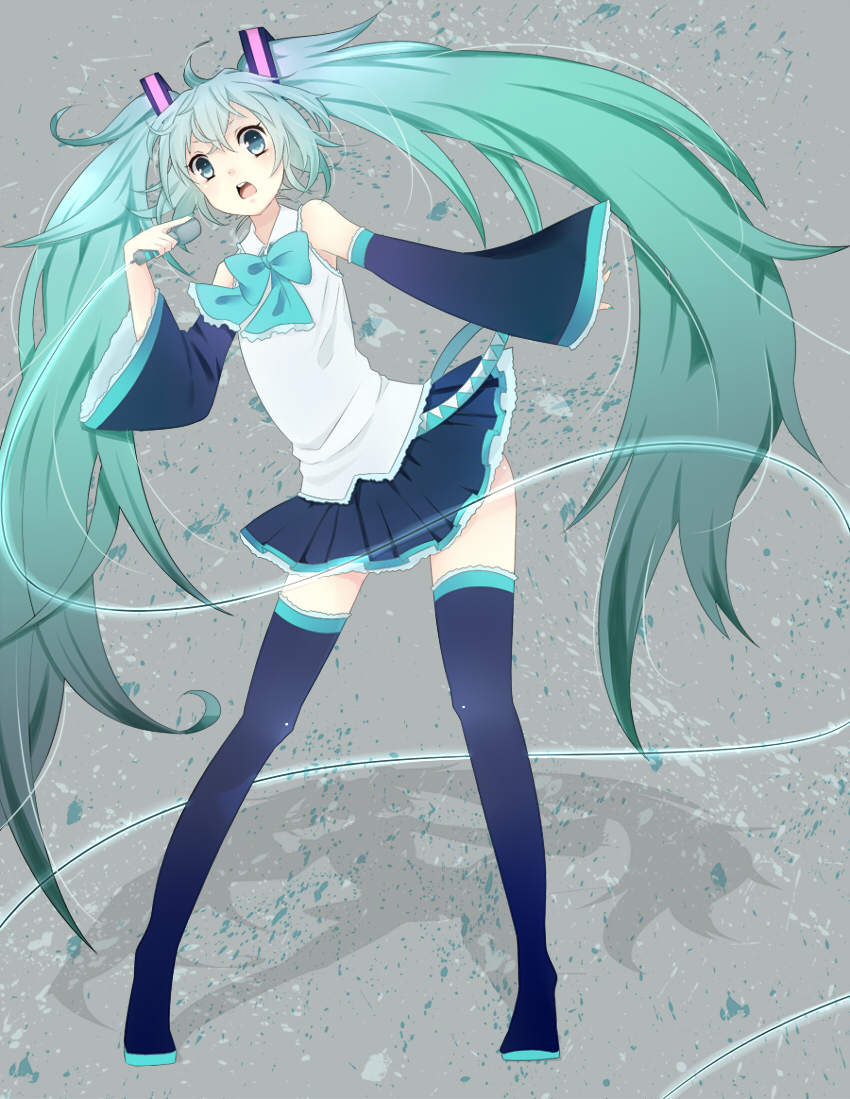 amanatsu_(0922888) boots detached_sleeves green_eyes green_hair hatsune_miku long_hair microphone open_mouth skirt solo thigh_boots thighhighs twintails very_long_hair vocaloid