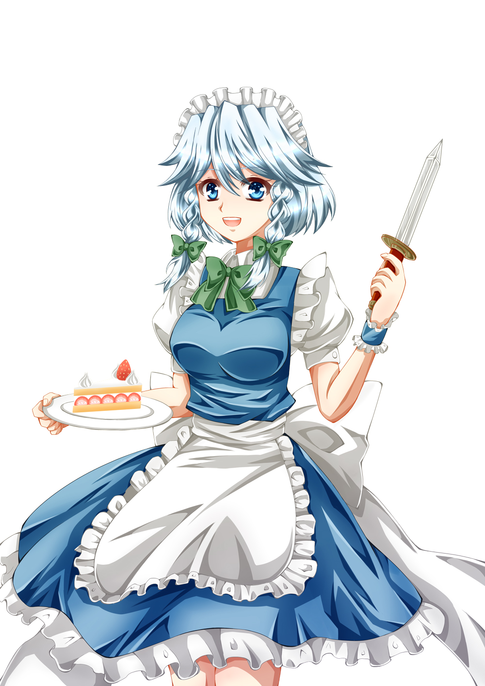 apron bad_id bad_pixiv_id blue_eyes blue_hair bow braid breasts cake divinebuster12 food fruit hair_bow highres izayoi_sakuya knife looking_at_viewer maid_headdress medium_breasts open_mouth plate puffy_short_sleeves puffy_sleeves short_hair short_sleeves simple_background skirt skirt_set solo strawberry strawberry_shortcake touhou twin_braids waist_apron white_background wrist_cuffs