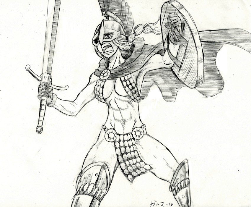 2013 abs armor battle bikini_armor boots breasts cape cleavage garththedestroyer gladiator gloves graphite_(medium) helmet long_hair md5_mismatch medium_breasts midriff monochrome multi-tied_hair muscle muscular_female navel one_piece open_mouth plume rebecca_(one_piece) shield signature sketch solo sword traditional_media weapon white_background