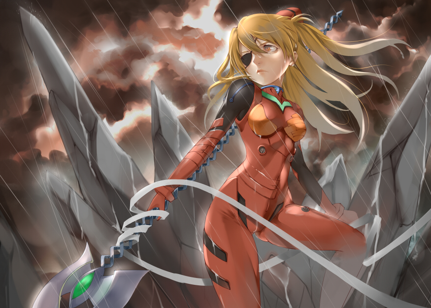 against_rock alternate_eye_color arm_support ass_visible_through_thighs bangs bodysuit bracer breasts closed_mouth cloud cloudy_sky evangelion:_3.0_you_can_(not)_redo eyepatch floating_hair gem gloves hair_between_eyes hair_ornament headgear holding holding_weapon knee_up legs_apart lips long_hair looking_to_the_side medium_breasts neon_genesis_evangelion orange_eyes orange_hair outdoors parted_bangs pilot_suit plugsuit polearm rain rebuild_of_evangelion rock serious shikinami_asuka_langley skin_tight sky souryuu_asuka_langley spear spear_of_cassius standing tape turtleneck two_side_up weapon wet wet_clothes yugioh007