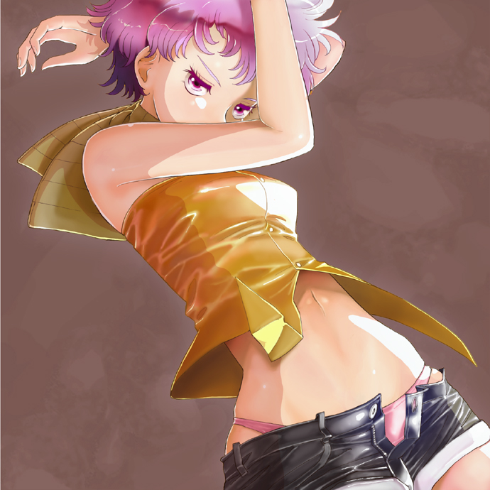 arms_up bad_id bad_pixiv_id bare_shoulders imoya_(imoyat) midriff navel original panties pink_eyes pink_hair pink_panties scarf short_hair short_shorts shorts skindentation solo underwear unzipped