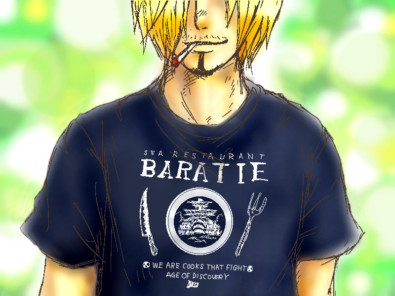 1boy baratie blonde_hair cigarette facial_hair goatee male male_focus one_piece restaurant sanji shirt smoking solo t-shirt