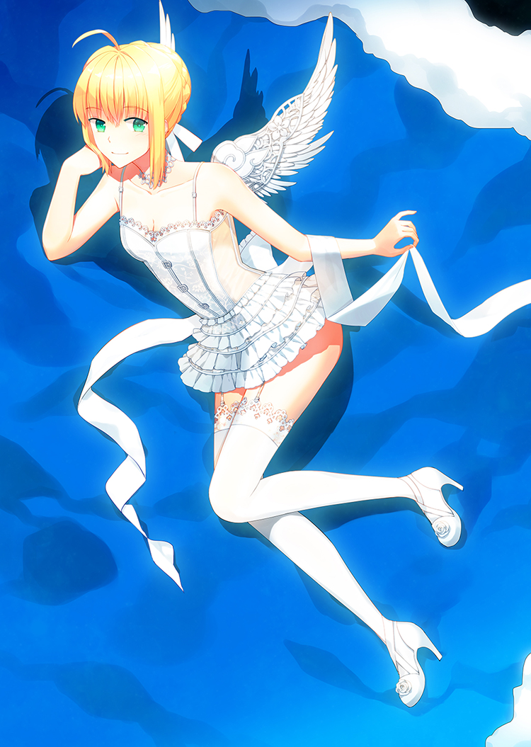 ahoge angel_wings artoria_pendragon_(all) blonde_hair bloom dress fate/zero fate_(series) garter_straps green_eyes hair_bun high_heels lace lace-trimmed_thighhighs ribbon saber shoes solo thighhighs white_legwear wings yaho_(yaho0211)
