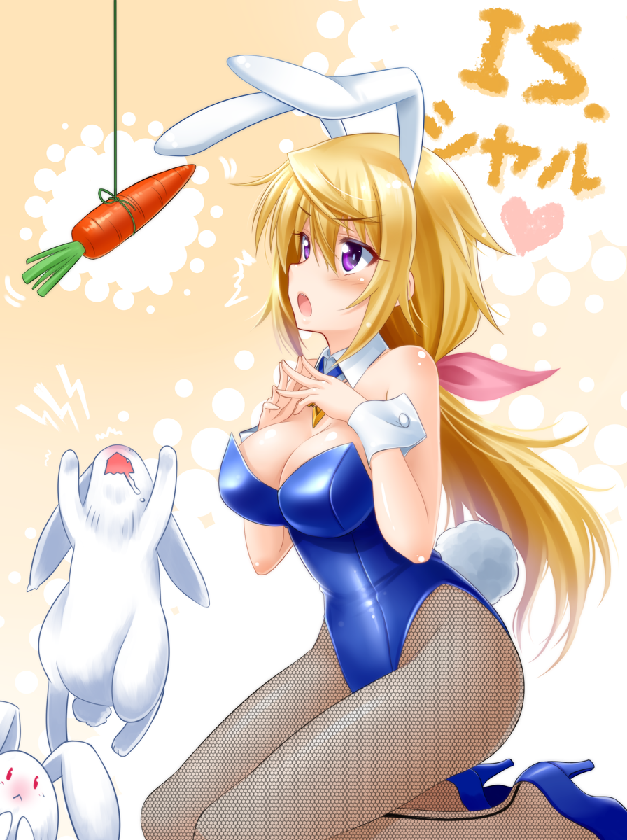 1girl :o animal_ears blonde_hair blue_leotard blush breasts bunny bunny_ears bunny_tail bunnysuit carrot charlotte_dunois cleavage fishnet_pantyhose fishnets high_heels highres infinite_stratos kneeling large_breasts legs leotard long_hair looking_up okitakung pantyhose purple_eyes seiza shoes sitting solo surprised tail thighs translation_request