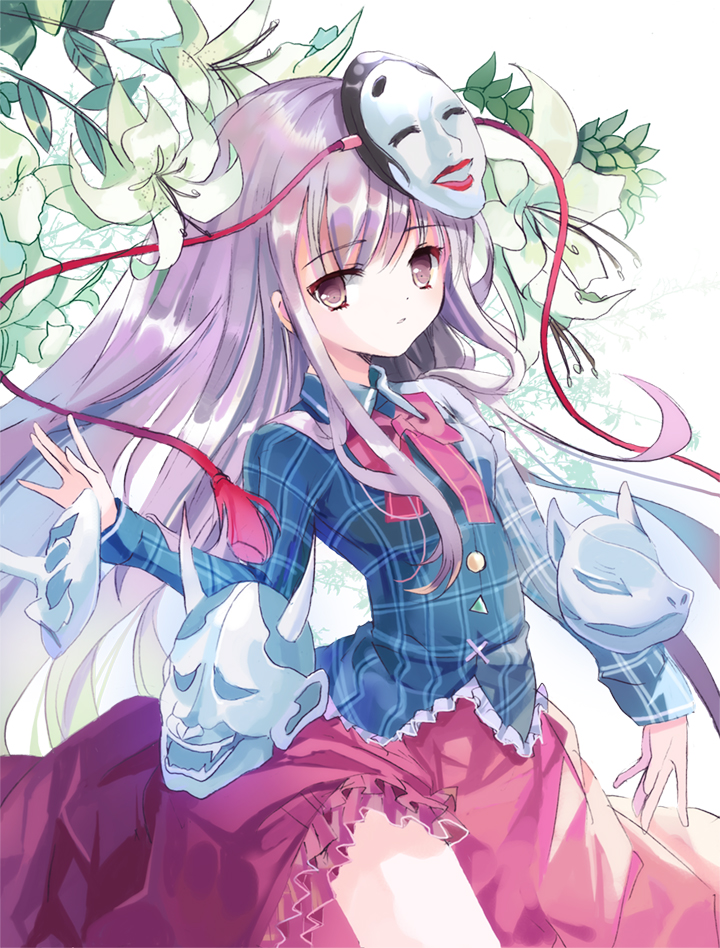 bad_id bad_pixiv_id bow cierra_(ra-bit) expressionless face_mask flower fox_mask hata_no_kokoro lavender_eyes lavender_hair lily_(flower) long_hair long_sleeves looking_at_viewer mask oni_mask plaid plaid_shirt purple_eyes purple_hair shirt skirt solo touhou very_long_hair