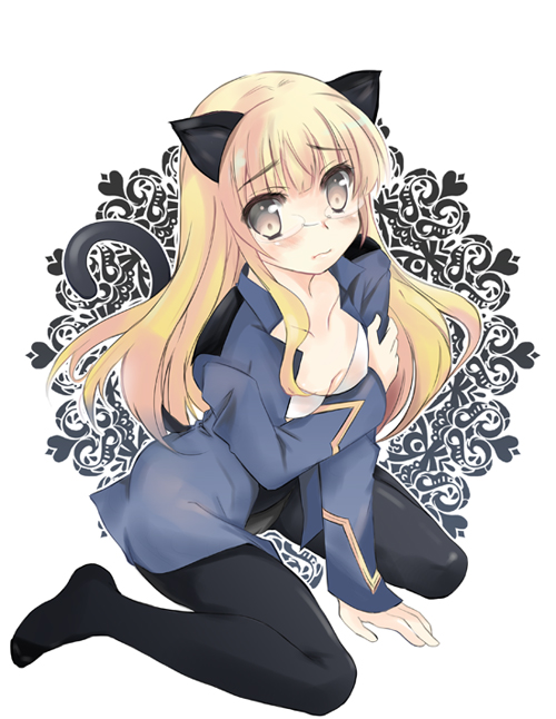 abenattou animal_ears bad_id bad_pixiv_id blonde_hair blush bra breasts cat_ears cat_tail cleavage embarrassed glasses long_hair panties panties_under_pantyhose pantyhose perrine_h_clostermann sitting small_breasts solo strike_witches tail underwear wariza world_witches_series yellow_eyes