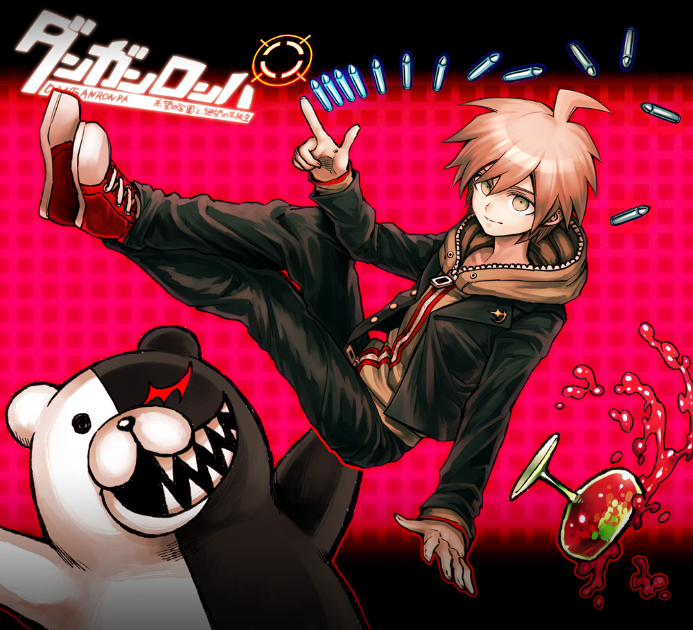 ahoge bad_id bad_pixiv_id bullet danganronpa danganronpa_1 hood hoodie jacket komatsuzaki_rui_(style) monokuma naegi_makoto official_style sharp_teeth shoes smile sneakers teeth zakki