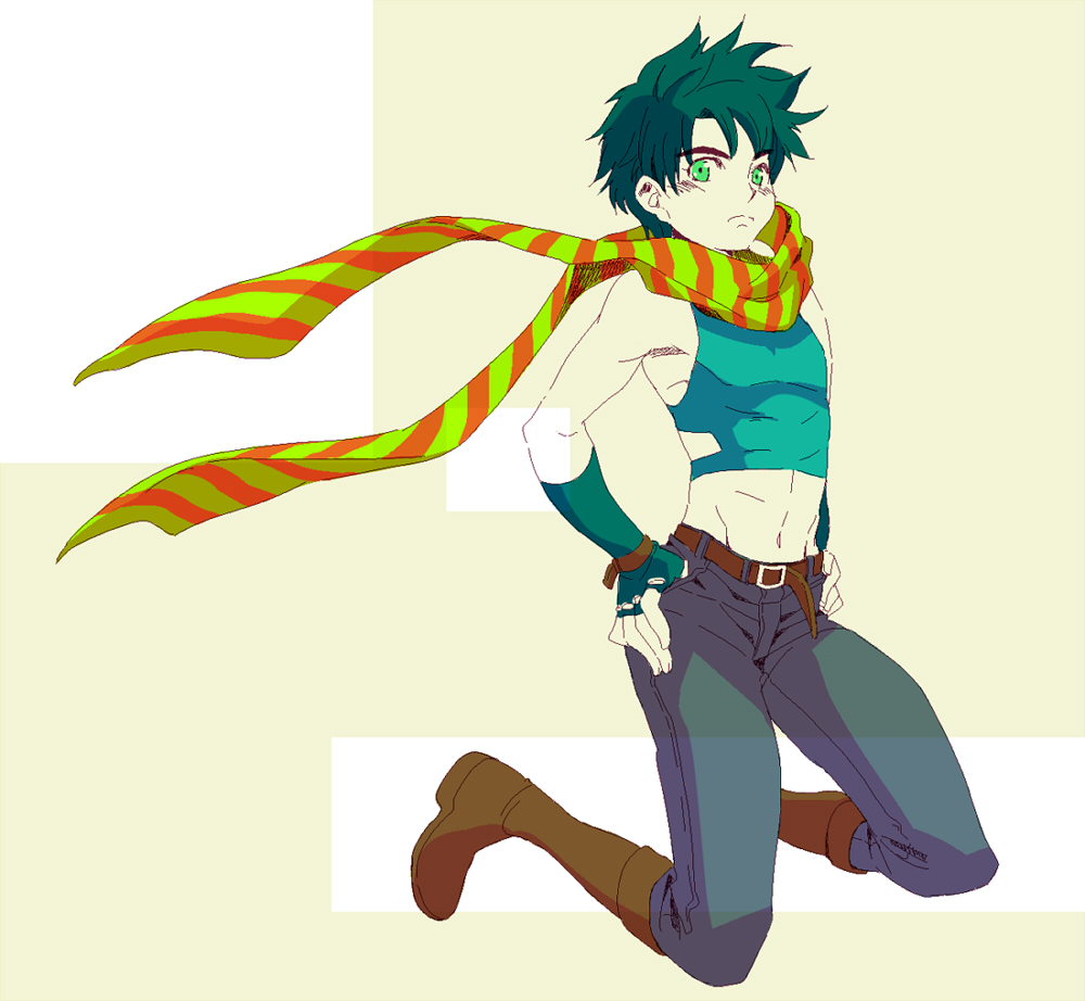 black_hair boots crop_top fingerless_gloves full_body gloves green_eyes green_hair jojo_no_kimyou_na_bouken joseph_joestar_(young) male_focus midriff partially_colored scarf shiranui02 simple_background solo striped striped_scarf younger