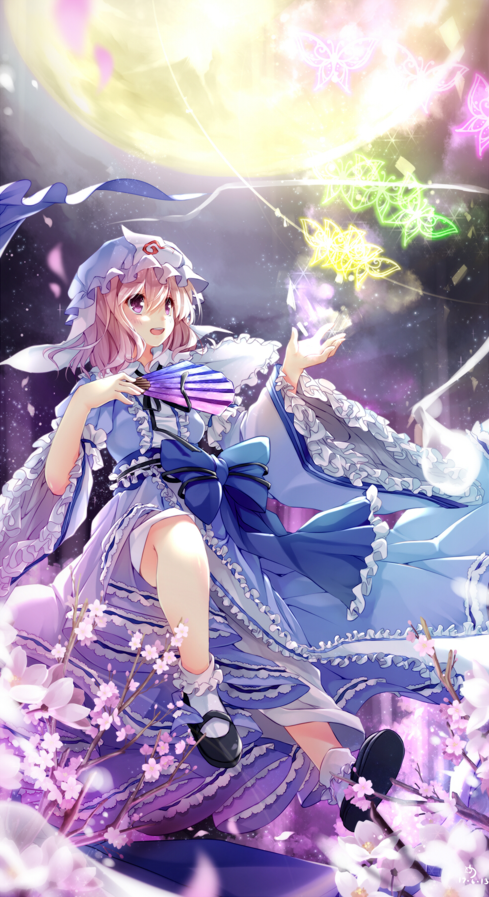 blue_dress bow bug butterfly cherry_blossoms dress fan full_moon glowing hat highres insect long_sleeves mary_janes moon night ninjinshiru open_mouth petals pink_eyes pink_hair saigyouji_yuyuko sash shoes sky smile solo sparkle touhou triangular_headpiece veil wide_sleeves