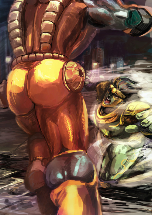 ass bad_id bad_pixiv_id battle black_hair duel from_behind jojo_no_kimyou_na_bouken long_hair multiple_boys no_humans stand_(jojo) star_platinum stardust11 stardust_crusaders the_world