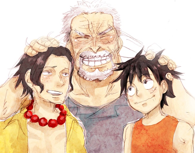 3boys beard brothers east_blue facial_hair family freckles grandchild grandfather jewelry male male_focus monkey_d_garp monkey_d_luffy multiple_boys n_boru necklace one_piece portgas_d_ace rie rie_(artist) scar siblings smile trio