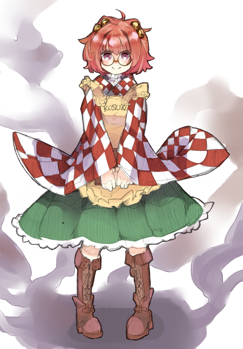 ahoge apron aura bell book boots character_name checkered clothes_writing cross-laced_footwear glasses hair_bell hair_ornament japanese_clothes jingle_bell kanabun lace-up_boots motoori_kosuzu orange_hair pigeon-toed purple_eyes smile touhou wide_sleeves